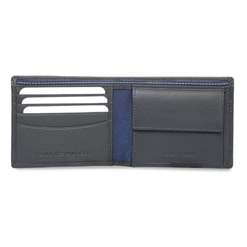 Image of Tommy Hilfiger Men's Leather Wallet Colatina | Solid Black Bi-Fold with Global Coin Pocket, 4 Card Slots | Stylish Purse for Gents