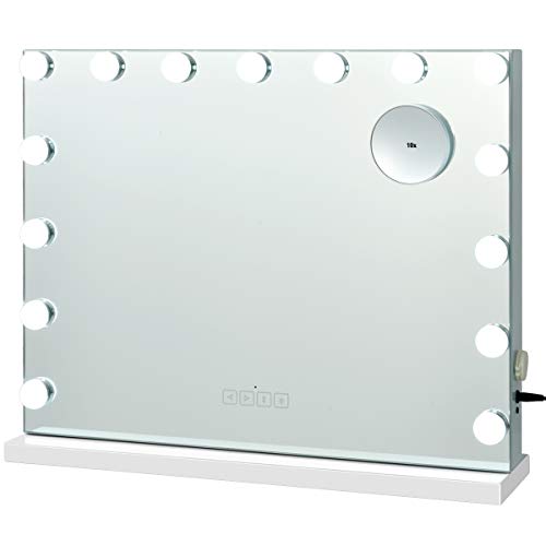 Schminkspiegel mit 15 LED Beleuchtung, Spiegel 3 Lichtfarben inkl. 10-Fach-Vergrößerungsglas, Kosmetikspiegel Bluetooth 58x15x48cm