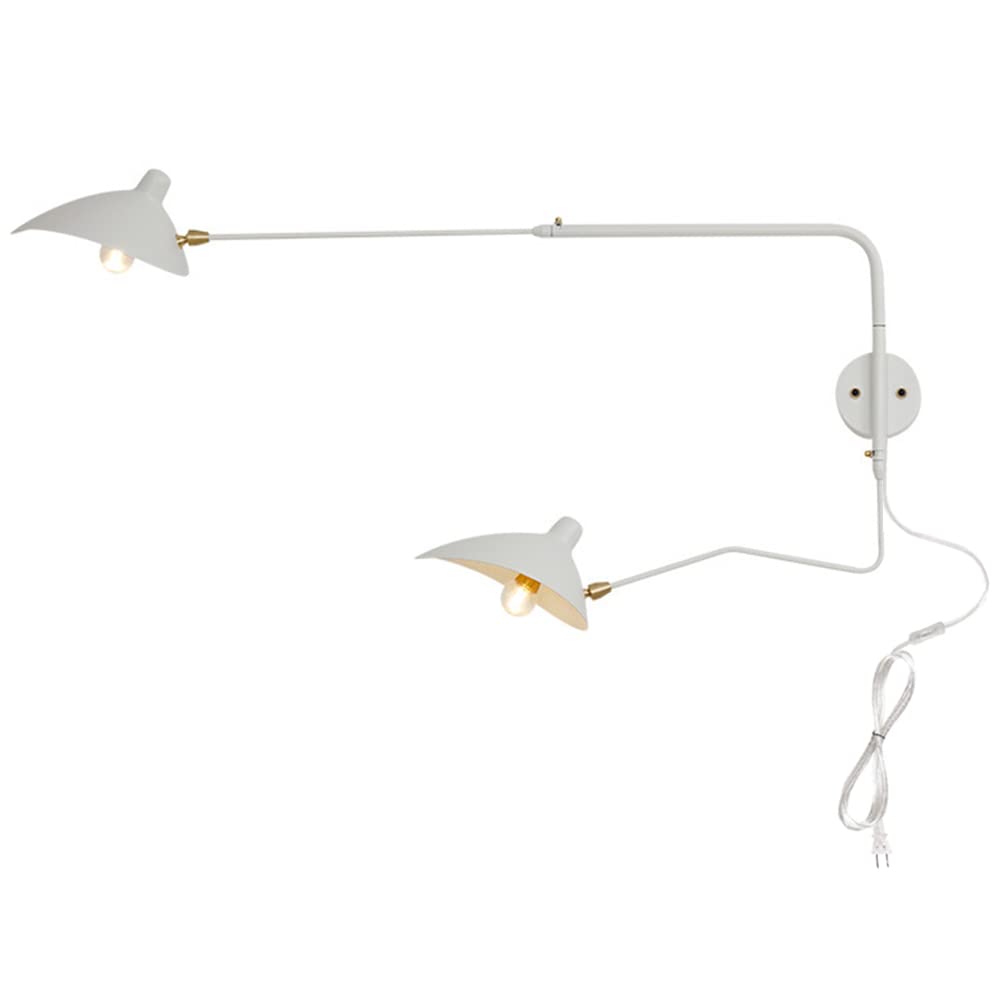 Set di due lampade da parete industriali con cavo, lampada da parete bianca per camera da letto, comodino, lettura, soggiorno, casa colonica, in legno, montaggio a parete, E27, con interruttore di