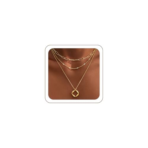 Layered Gold Necklaces for Women,14k Gold Plated Dainty Stackable Choker Necklaces for Women Trendy Layering Geometric Pendant Paperclip Dot Chain Necklace Set Jewelry Set Gifts