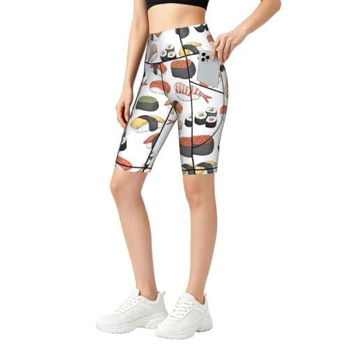 Short de motard imprimé sushi pour femme avec poche taille haute pour sport