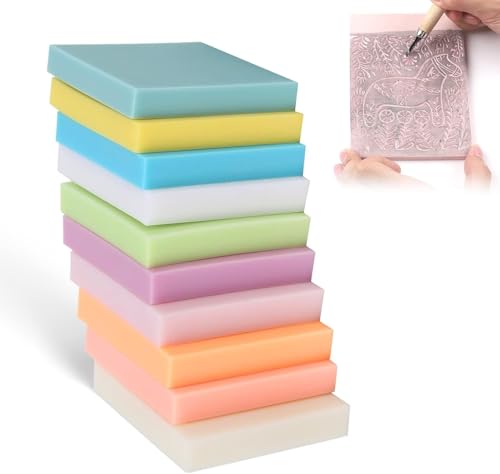 Blocco Di Gomma Applicazioni versatili: Blocchi di gomma morbidi e facili da incidere sono perfetti per realizzare timbri.Mattoncini intagliati in gomma per timbri sono ideali per varie tecniche di stampa, tra cui linoleografia, intaglio di timbri, stampa a blocchi e altro ancora, i timbri per intaglio in gomma da 10 pezzi sono perfetti per creare timbri personalizzati, opere d'arte, motivi e disegni.Blocchi intaglio molto adatti per creare modelli di timbri in gomma unici e di lunga durata, adatti per le attività scolastiche e familiari