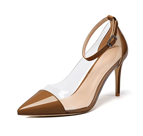 Soireelady Women's Clear Pumps Pointed Toe Ankle Buckle Stiletto Heel Dressy Wedding Shoes 8CM