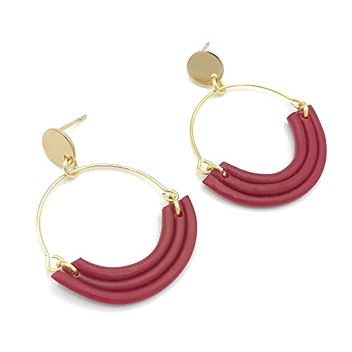 Boucles d'oreilles rondes dorées en acier inoxydable durable et demi-cercle pourpre chic