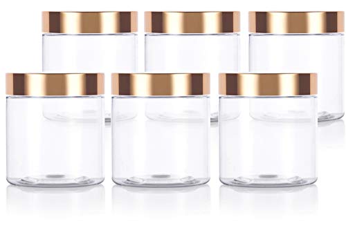 8 oz / 240 ml Clear PET Plastic Refillable Jar with Luxury Gold Metal Overshell Lid (6 Pack)