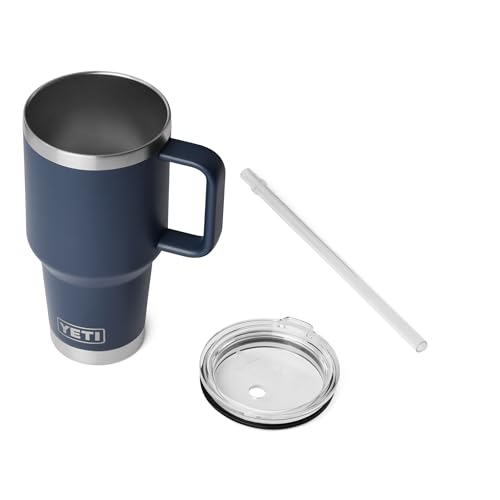 Image of YETI Rambler 35 oz Straw Mug 2.0 - Double-Wall Vacuum Insulation for Cold Beverages - Dishwasher Safe - Cupholder Compatible - Reusable Straw - Comfortable Grip Handle - Travel Mug - Navy