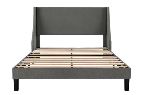 Allewie Platform Bed Frame Queen Size with Upholstered Headboard – Modern Deluxe Wingback Design, Wood Slat Support, Light Grey
