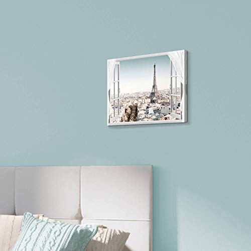 Artistic Path Fake Window City Canvas Artwork: Cityscape Skyline View Painting Paris Eiffel Tower Picture Print For Bedroom (16''W X 12''H,Multi-Sized) #TOP3