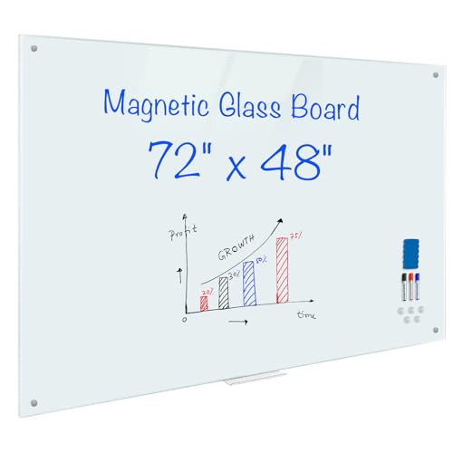 Magnetic Glass Whiteboard 6'x4', 72'x48' Glass Dry Erase Board for Wall Mounted, Large Commercial Board Frameless for Office, Classroom & Home