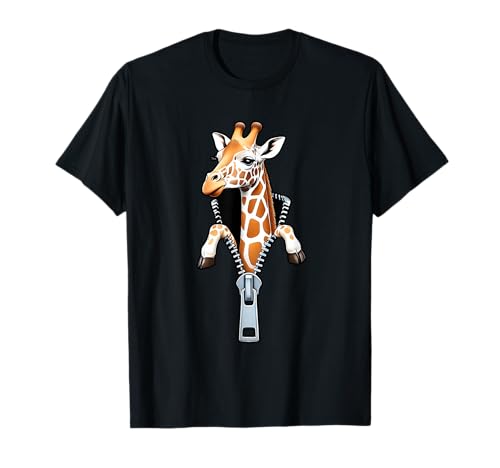 Cute Giraffe Emerging from A Zipper Funny Animal Design T-Shirt