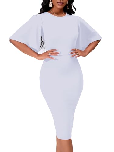 Image of WanMem Womens Basic Bodycon Ruffle Flared Short Sleeve Pencil Midi Dress