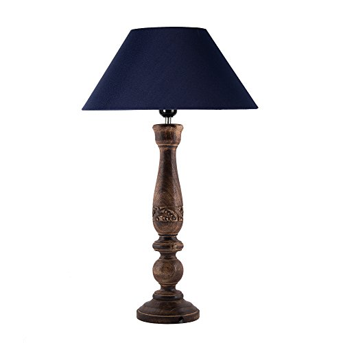 Image of Homesake Handcrafted Wooden Table Lamp for Bedroom & Living Room | Decorative Bedside Reading Lamp with Fabric Shade, E27 Holder | Bulb Included | Black Floral Carved Base for Home Decor, Blue Cone