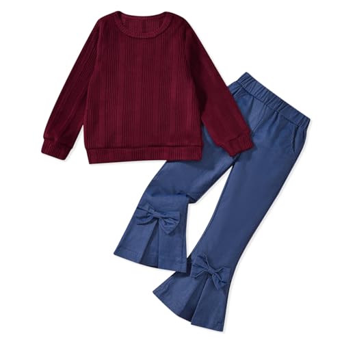 Image of HINTINA Toddler Little Girl Fall Winter Clothes Knitted Sweatsuit Denims Bell Bottom Flared Pants Set
