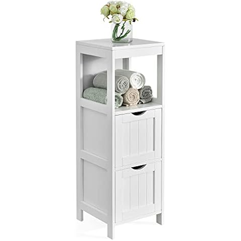 RELAX4LIFE Bathroom Floor Cabinet, Freestanding Wooden Cupboard Storage Cabinet with 2 Removable Drawers & Open Shelf, Slim Storage Unit for Bathroom Toilet Living Room Kithchen Cover
