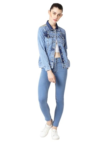 Image of Miss Chase Women's Polo Neck Full Sleeves Patch Pocket Denim Overcoat Knee-Length Jacket