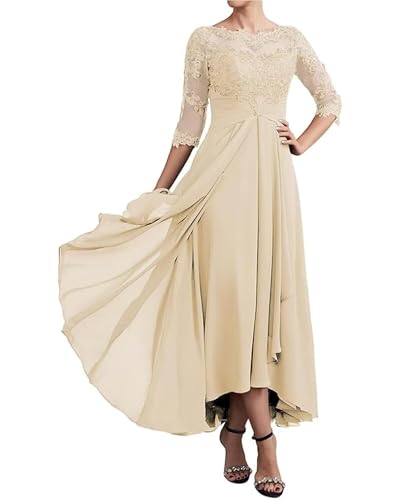 Image of GDJDIFK Tea Length Chiffon Mother of The Bride Dresses - Lace Applique 3 /4 Sleeves Ruched Waist Formal Gown for Wedding Guest Champagne
