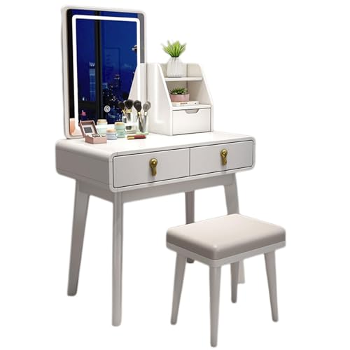 DECORN Tocador de Maquillaje con Espejo y Luces. Juego de Tocador de Maquillaje con Cajones, Taburete Acolchado, Tocador de Maquillaje Pequeño para Dormitorio, 3 Modos de Iluminación,C-60cm