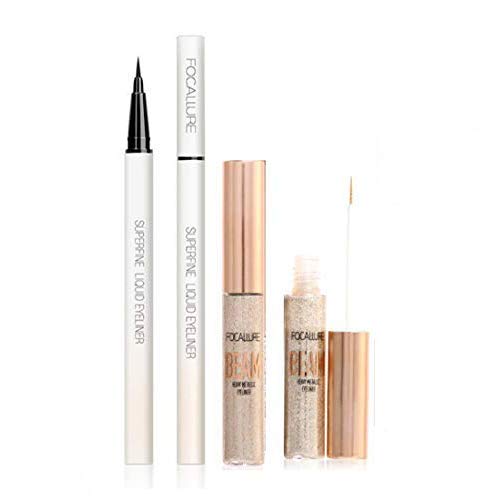FOCALLURE Liquid EyeLiner, Glitter Eyeliner Waterproof Make Up Smudgeproof Long Lasting Liquid Eye liner Pen Skinny Shimmer Liquid Eyeliner Ultra-Fine Felt Tip Quick Drying Formula,Black+Golden