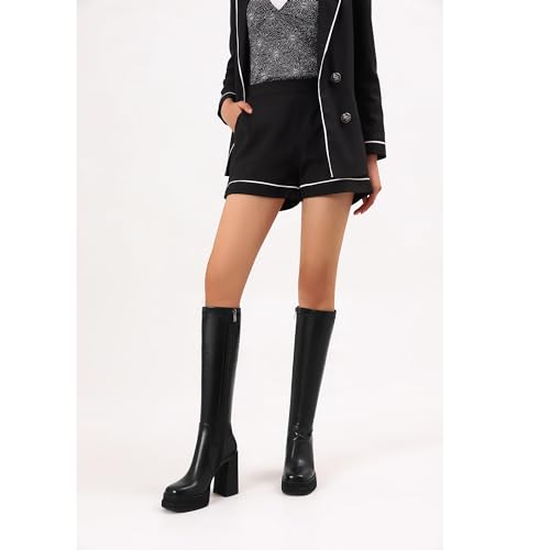 Women's Black Platform Knee High Boots Womens High Chunky Heel Square Toe Stretchy Platform Long Boots Shoes for Women(not for wide calf)4