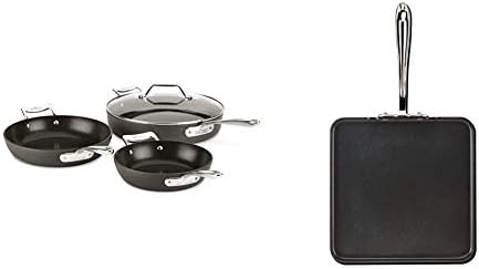 All-Clad Essentials Hard Anodized Nonstick 4 Piece Sauce Pan Set 8, 10.25 Inch, 4 Quart Pots and Pans, Cookware Black & HA1 Hard Anodized Nonstick Griddle 11 x 11 Inch Pots and Pans, Cookware Black All-Clad Essentials Hard Anodized Nonstick 4 Piece Sauce Pan Set 8, 10.25 Inch, 4 Quart Pots and Pans, Cookware Black & HA1 Hard Anodized Nonstick Griddle 11 x 11 Inch Pots and Pans, Cookware Black