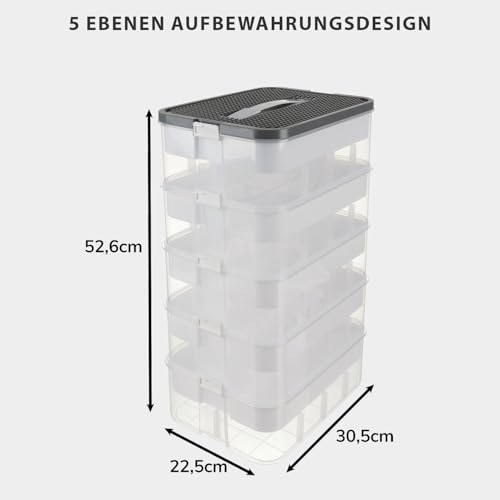 KRUZZEL Bausteine Aufbewahrungsbox 35L mit Griff & Trennwänden – 5 Etagen Stapelbox Transparent für Spielzeug & Schulbedarf Kinder