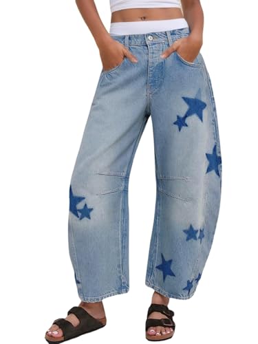 Kedera Women's Barrel Boyfriend Baggy Star Print Jeans Denim Pants Mid Rise Wide Leg Y2K Horseshoe Jeans Trendy
