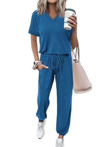 MASCOMODA Womens 2 Piece Outfits Summer Jogger Lounge Sets(Blue,L) | Matching 2 Piece Sets with Pockets, V Neck Short Sleeve Tops & Long Pants, Casual Track Suits, Airport Travel Outfits 2026