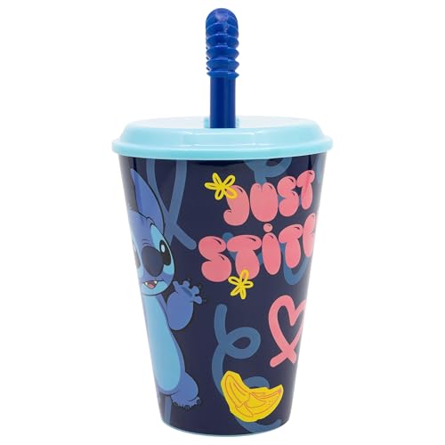 Stor Bicchiere plastica per bambini Disney Stitch da 430 ml, senza BPA, riutilizzabile e lavabile, con cannuccia e coperchio