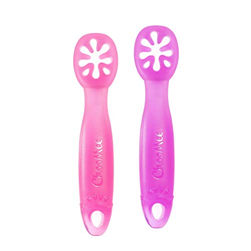 ChooMee Silicone Baby Spoons, FlexiDip | First Stage Infant Feeding Utensil | Dual-Flex Silicone Design - Soft Tip and Firm Handle | Pediatrician Recommended | 2 CT | Pink Purple