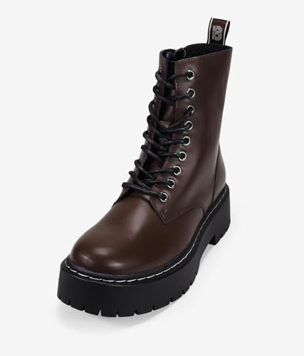 BOSANOVA Punk Militärstiefel aus veganem Leder mit gezackter Plattform und Schnürung bis zum oberen Ende, Reißverschluss, Damen-Schuhe, braun, 41 EU