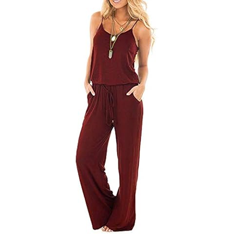 Smile Fish Damen Sommer Lange Jumpsuit Rundhals Overall Kordelzug Casual Hosenanzug ?rmellos Romper Cover