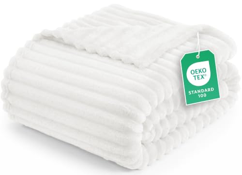 Utopia Bedding Off White Striped Fleece Blanket Queen Size Fluffy Warm & Lightweight Ribbed Throw for Bed Sofa & Chair - Soft Cozy Blanket for Home Dcor & Gifting (90x90 Inches)