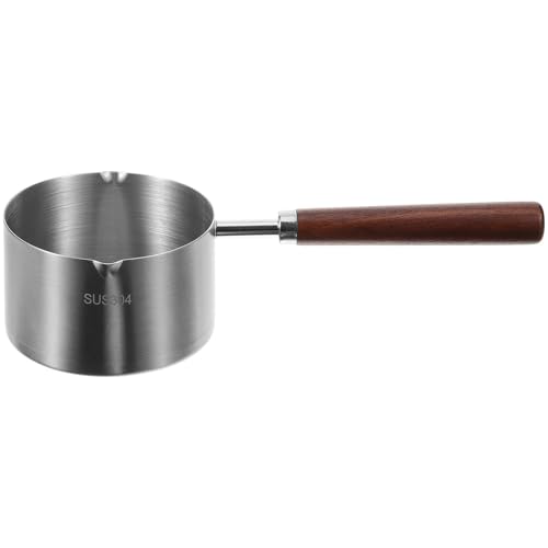 Kichvoe Small Oil Pot 1 Cup Stainless Steel Mini Saucepan with Wood Handle Double Pour Spouts Compact Kitchen Tool for Heating Oil and Sauces