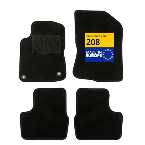 DBS – Tapis de Voiture - sur Mesure pour Peugeot 208 (03/2012-09/2019) – Antidérapants avec Clips de Fixation – 4 Tapis Auto Avant/arrière – Moquette Noire