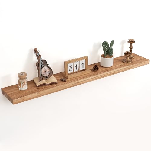 Image of Floating Shelves for Wall Decor, 8 inch Deep Rustic Solid Elm Wood Floating Shelves Wall Mounted, Wall Shelves with Invisible Bracket for Living Room Bathroom Bedroom Kitchen, 48 Inch Set of 1, Natural