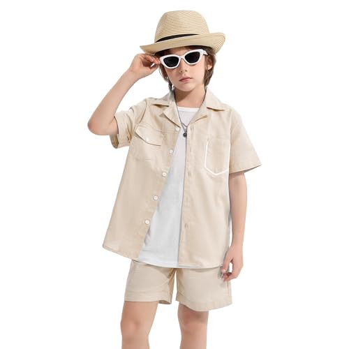 LOLANTA Boys Cotton Linen Shorts Set, Kids Summer Outfit Short Sleeve Button Down Shirt and Shorts, Breathable Casual 2-Piece Clothing Set for Boys(Lightkhaki, 9-10 Years, 140)