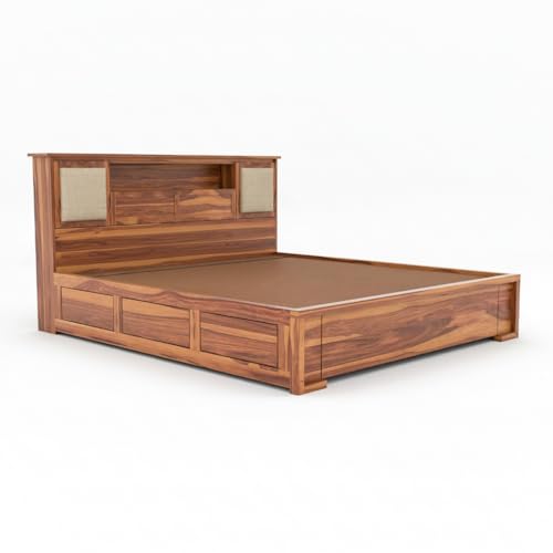 Image of Solid Sheesham Wood Bed with Storage | Wooden Cot with Box Storage & Upholstered Headboard | Strong Durable Frame | Modern Luxury Bed for Bedroom Home & Hotel (Honey Finish, Queen)
