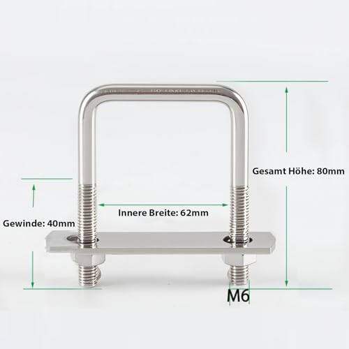 SHYSBV U-Bolzen Set 4 Stück, U-Schrauben 304 Edelstahl mit Muttern, Unterlegscheiben & Rahmenplatte – Für Rohre, Autos, Schiffe (M6 60x80mm Innenbreite)