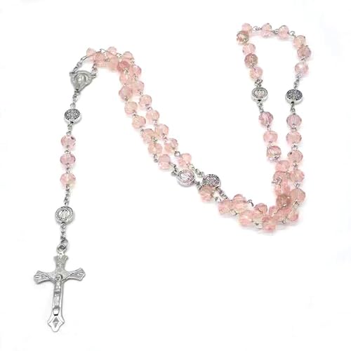 Ryaupy Hellrosa Kristallperlen Rosenkranz Katholische kreuzen Halskette Heilige Bodenmedaille & Kruzifix Ryaupy Hellrosa Kristallperlen Rosenkranz Katholische kreuzen Halskette Heilige Bodenmedaille & Kruzifix