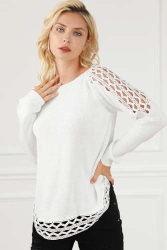 Women's Casual White Solid Scoop Neck Hollow Out Sweater4