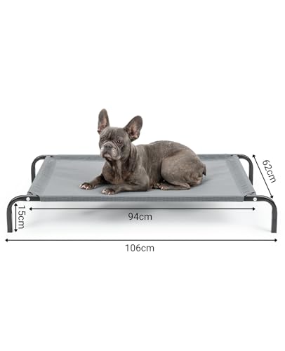 lionto Outdoor Hundeliege erhöht, stabile Haustierliege mit guter Luftzirkulation schützt vor Bodenkälte, 106x62 cm, abnehmbarer Bezug aus atmungsaktivem Netzgewebe, robuster Metallrahmen, grau