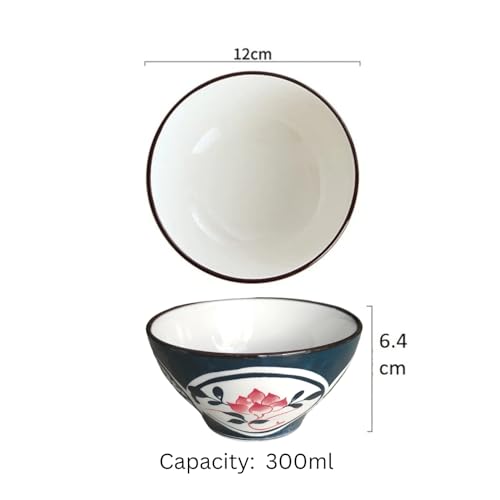 Image of Lellow Premium Ceramic Bowl Set of 4 - Handcrafted Blue Rose Print Bowls for Soup, Noodles, Snacks & Desserts - Microwave & Dishwasher Safe, 300ml