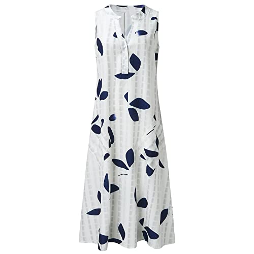 UIFLQXX Vestidos de verão femininos casuais com estampa de folhas, botões, gola V, sem mangas, bolso