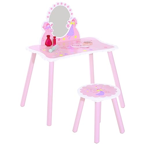 HOMCOM Kids Pink Dressing Table & Stool Set