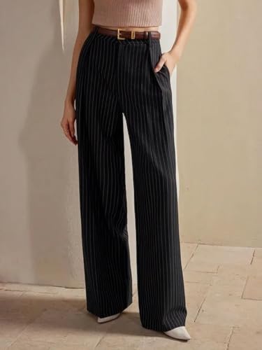 Image of KOTTY Women's Tailored Wide Leg Pinstripe Pants - High Waisted Straight Fit Work Trousers with Pockets, Elegant Office & Business Casual Wear