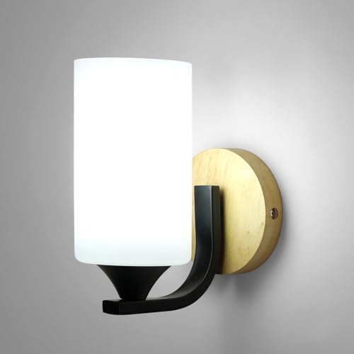 Toolight Applique da Parete Interno, Lampada da Parete Vintage in Ferro, E27 Legno Lampada a Muro con Paralume in Vetro per Camera da Letto, Corridoio, Soggiorno, Scala, Corrido