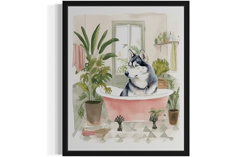Image of Husky in Bathtub Black Framed Wall Art Poster Print, Animal Bathtub Restroom Wall Art Painting for Bathroom Decor Gallery Gallery 30 (Husky in Bathtub, 14 inch L x 11 inch W, Black Frame)