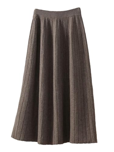 Women Fall Winter Thick A-Line High Waist Skirt Cashmere 100% Merino Wool Knitted Wool Pleated Skirts Dark Hua Lighttan L