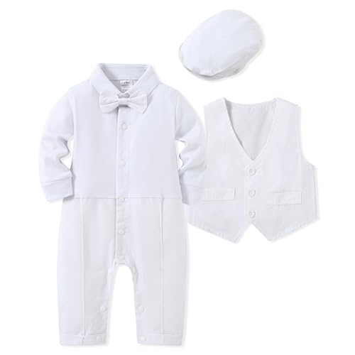 WESIDOM Baby Boy Suit Outfits Set 3pcs,Infant Tuxedo Long Sleeve Gentleman Wedding Jumpsuit & Vest Coat & Beret Hat