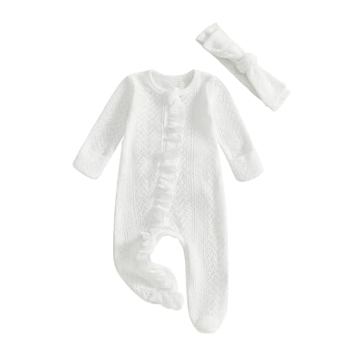 Userdefined Baby Girl Clothes Ruffle Solid Footies Infant Knit Rompers (White Newborn)